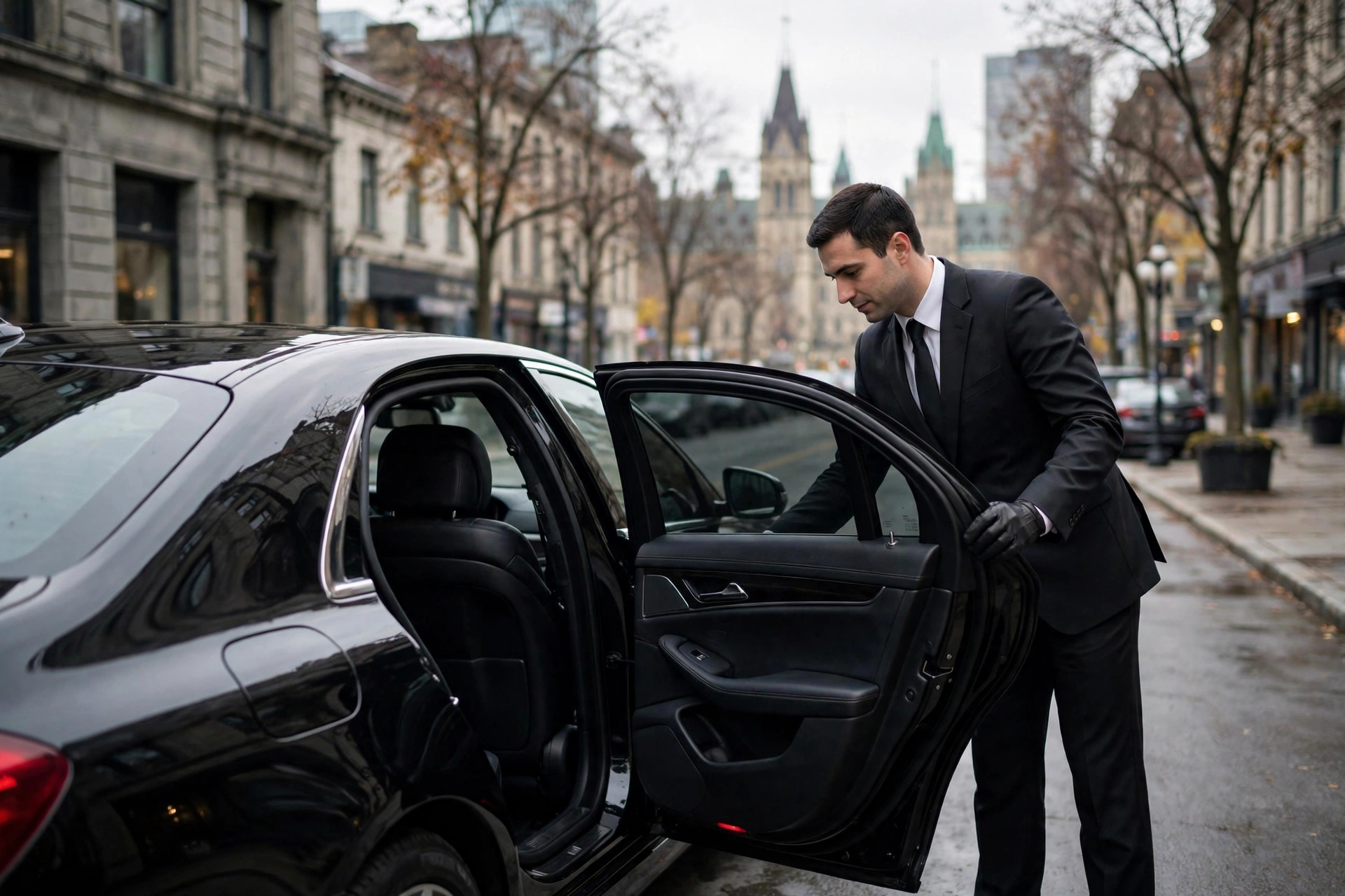 Professional chauffeur opening a luxury sedan door in Ottawa