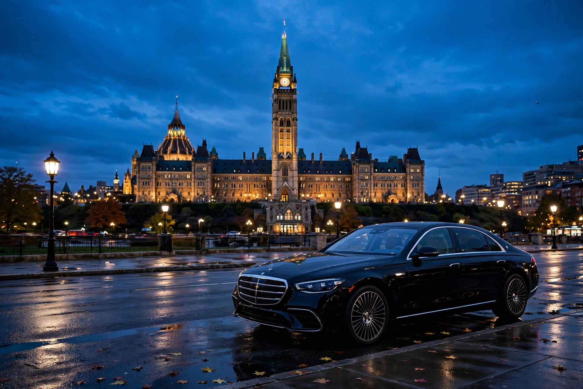 Luxury black car service in Ottawa with Parliament Hill at dusk